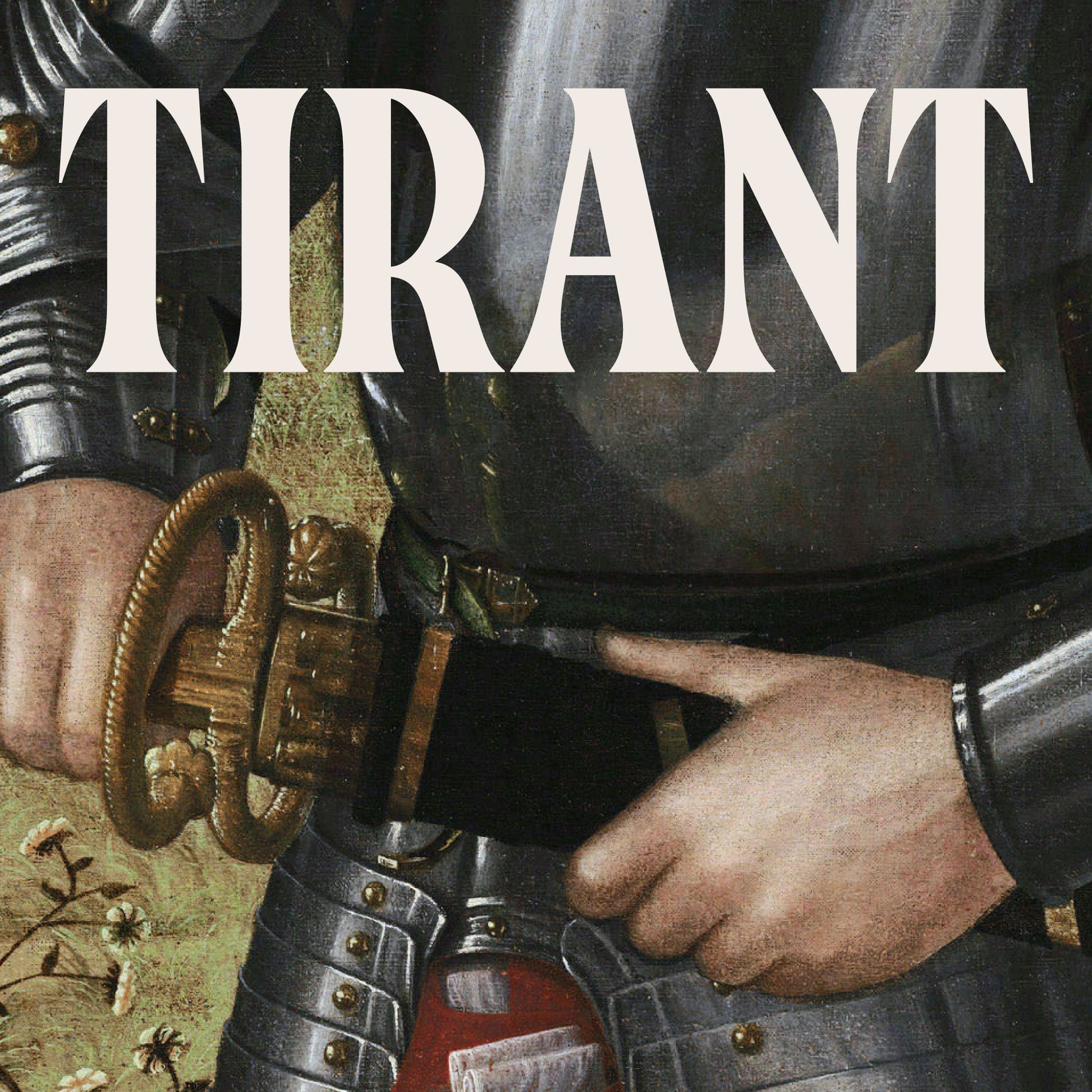 Logo de TIRANT sobre pintura de caballero medieval desenvainando una espada, detalle de armadura